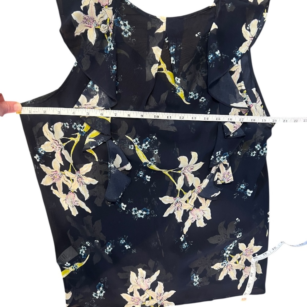 PAIGE Silk Ruffle Blouse Rich Navy Blue, Medium, Sketched Orchid Floral Top - Picture 10 of 13